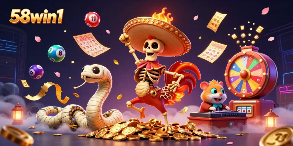 Experience the excitement of 58win1 with a vibrant 3D casino scene featuring winning characters and dynamic game elements.
