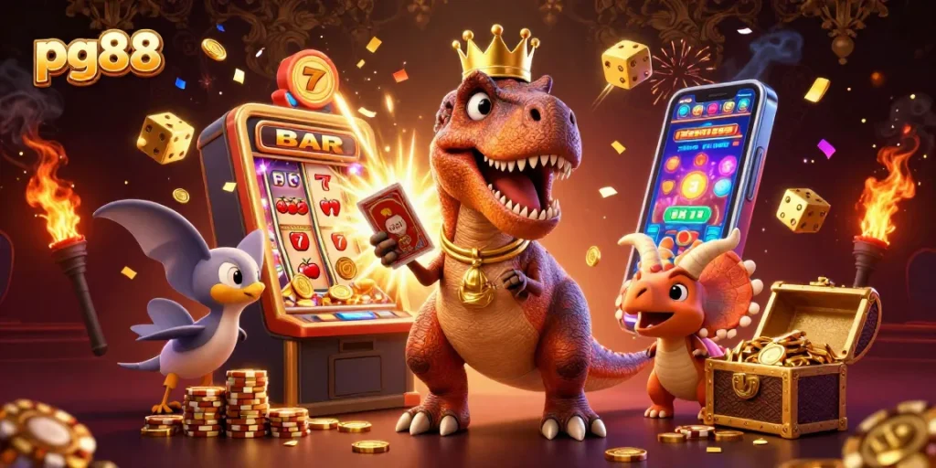 Experience the excitement of pg88 with a friendly T-Rex and casino-themed elements in a vibrant 3D illustration.