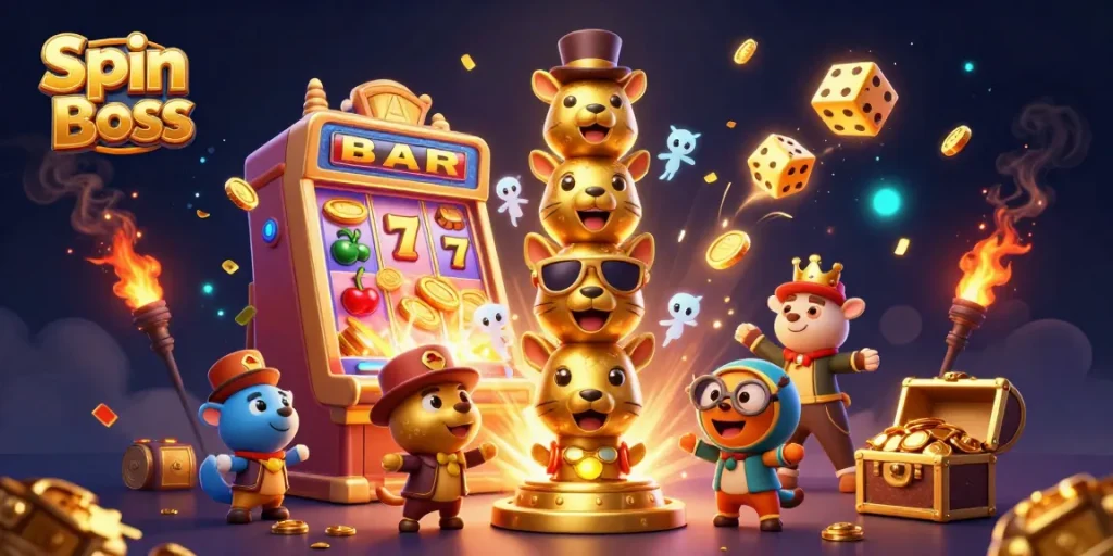 Experience the excitement of Spin Boss Casino with a vibrant illustration featuring engaging characters and casino elements.