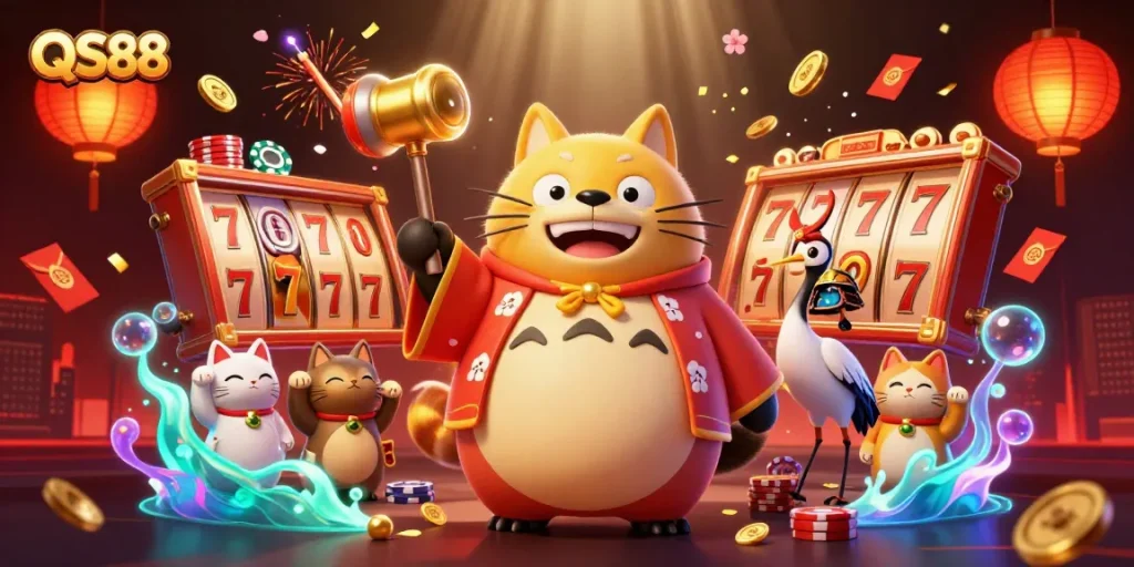 Experience the excitement of QS88 casino with charming characters amidst vibrant gaming elements.