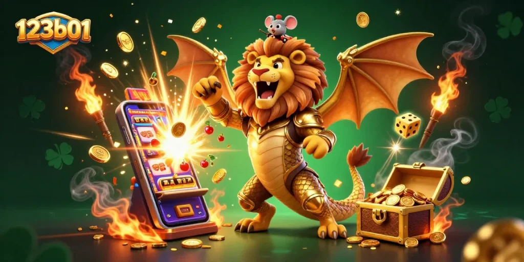 Win big at 123b01 with a roaring chimera and dazzling casino elements in a vibrant gaming scene.