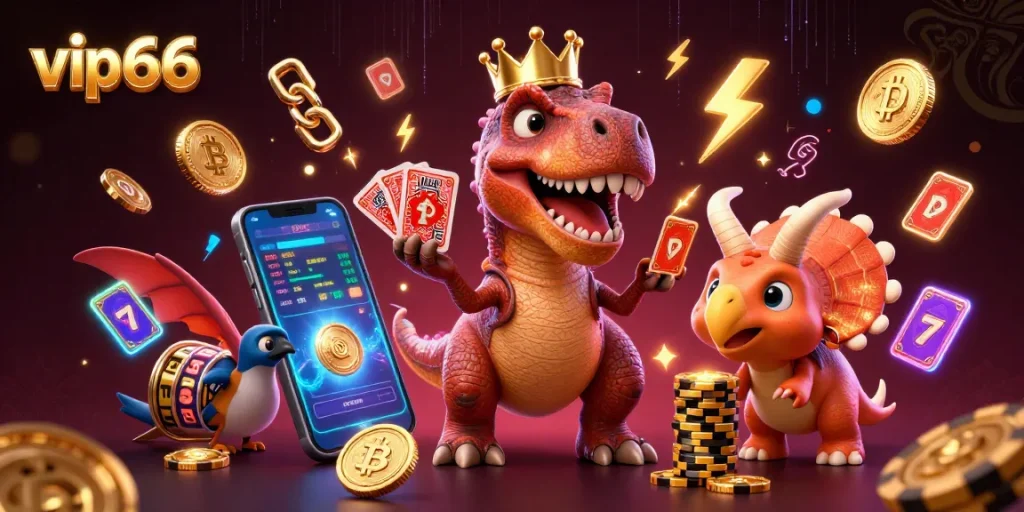 Experience thrilling slots action with vip66 as a T-Rex shuffles cards while stacking golden chips and Bitcoin.