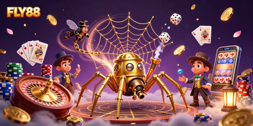 Watch FLY88 engage in thrilling gameplay amidst cascading coins and an enchanted setting.
