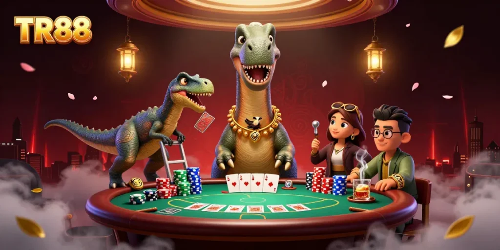 Join the fun at TR88 with a whimsical 3D illustration of a brontosaurus casino scene.
