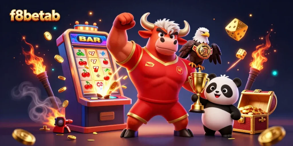 Win big with f8betab's thrilling casino games amidst dazzling slot machines and cheerful mascots.