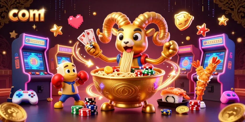 Engage with com through a vibrant casino-themed illustration showcasing fun characters and gaming elements.
