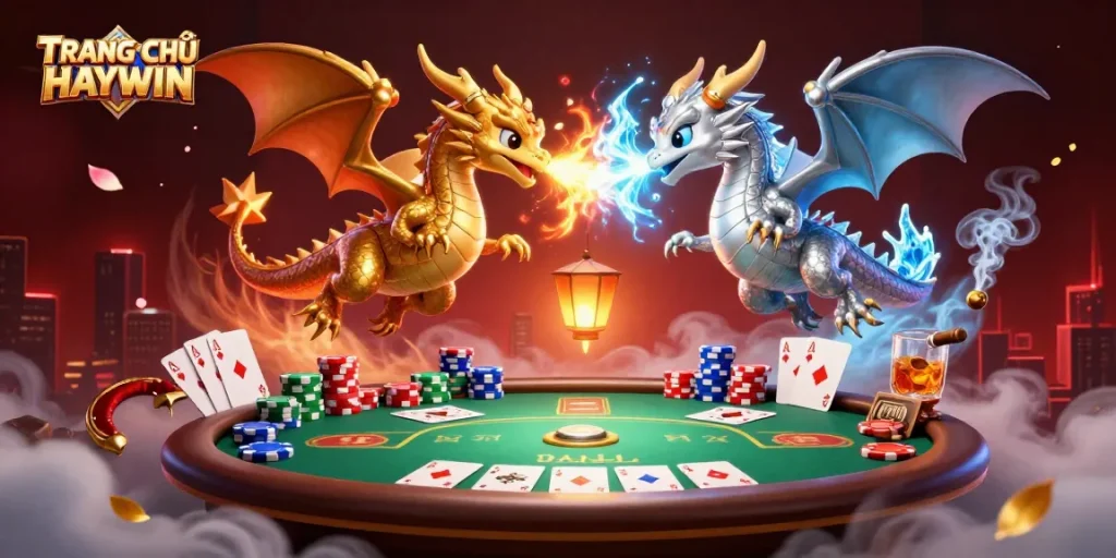 Engage in thrilling gameplay with TRANG CHỦ HAYWIN while two cartoon dragons illuminate a vibrant poker scene.