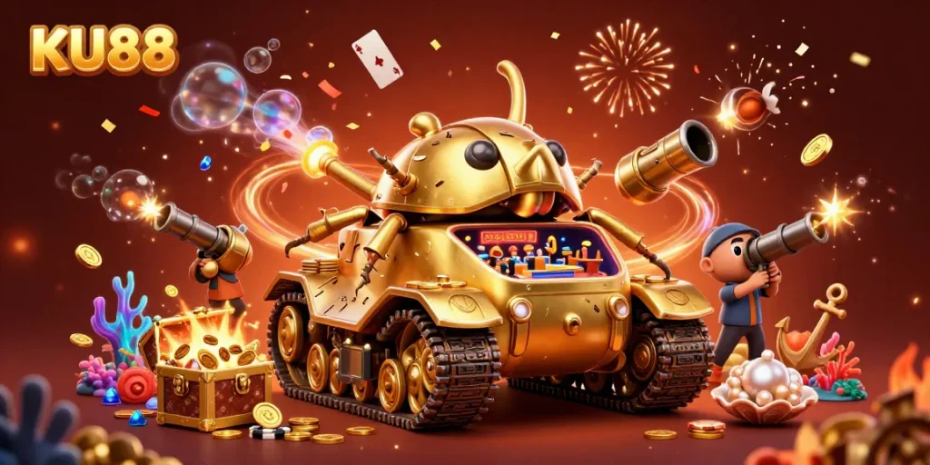 Experience the vibrant excitement of KU88 with a captivating casino interior bursting with confetti and golden coins.