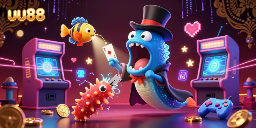 Engage with uu88 through a vibrant 3D casino scene showcasing animated fish characters and gaming elements.