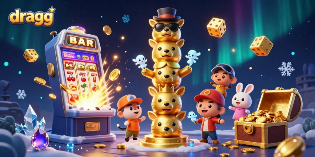 Experience the thrilling action of dragg with a vibrant 3D casino scene featuring a totem and lively gaming elements.
