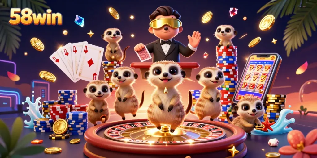 Experience thrilling gameplay with 58win’s animated meerkat casino operation, showcasing excitement and gaming dynamics.