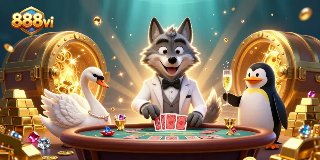 Experience 888vi's luxurious casino scene with vibrant characters and sparkling treasures.