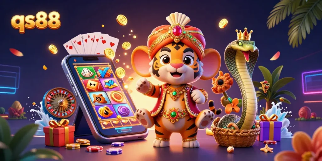 Experience excitement with qs88's vibrant casino scene featuring a regal maharaja and dynamic game elements.