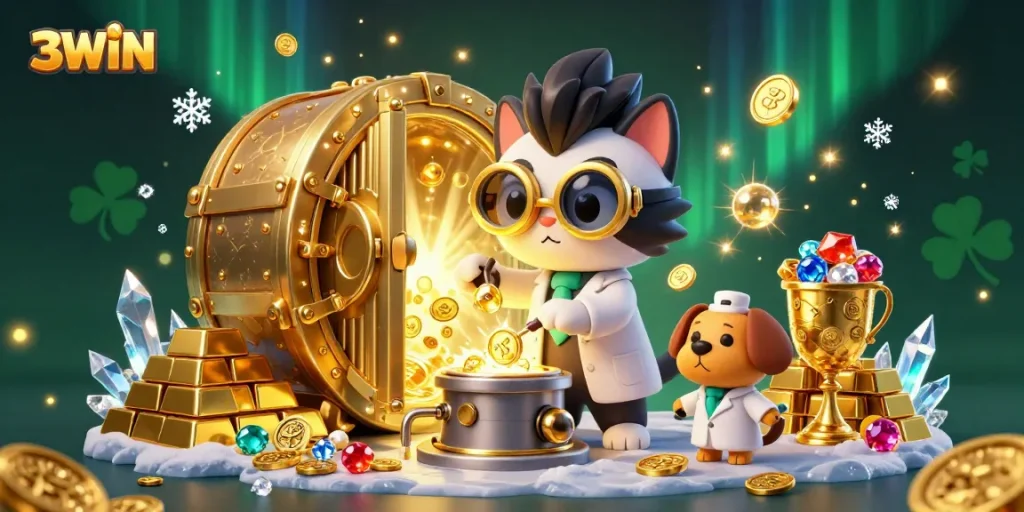 3WIN's mad scientist cat and assistant dog create gold coins amidst sparkling gems and casino treasures.