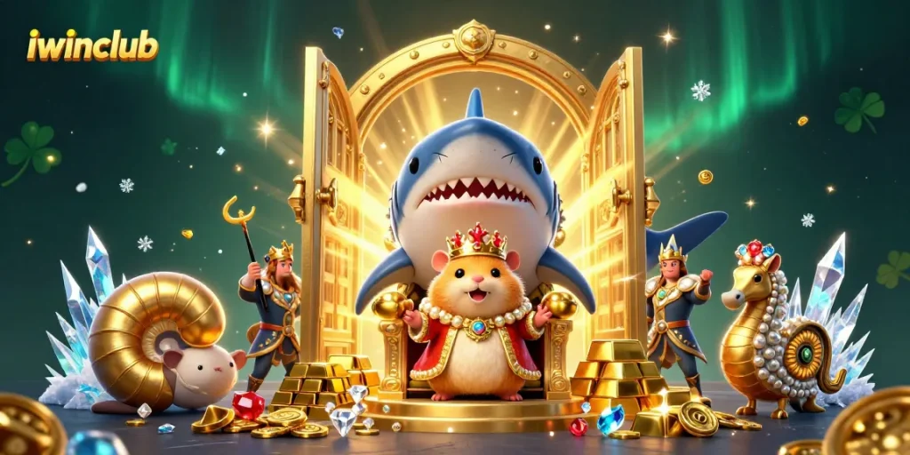 Experience the excitement of iwinclub with a dynamic illustration featuring a hamster king and treasure elements.
