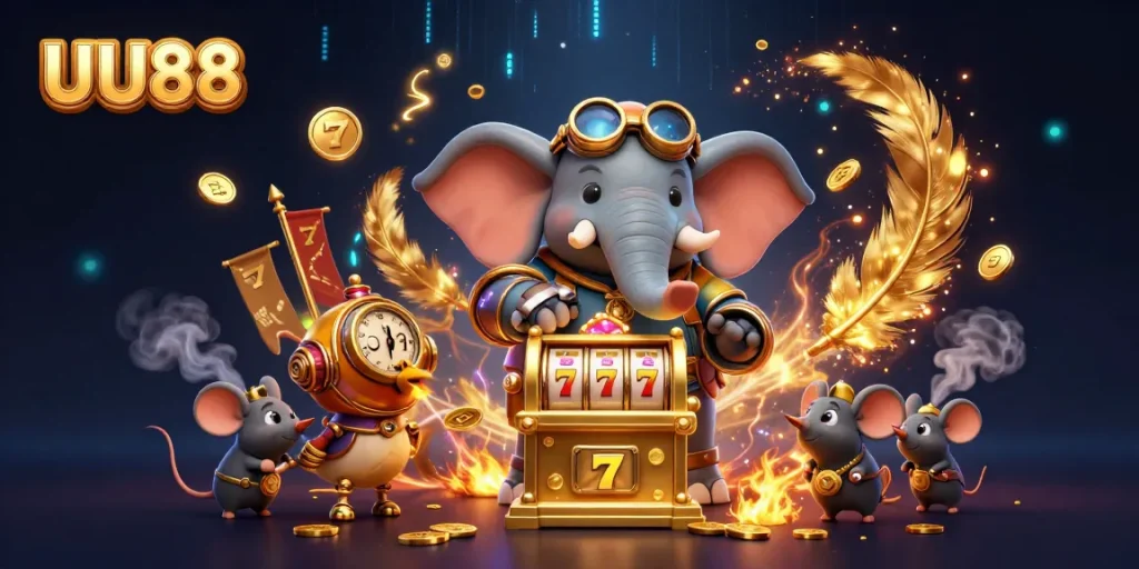 Spin the golden slot machine with UU88, featuring steampunk characters in a dynamic casino scene.