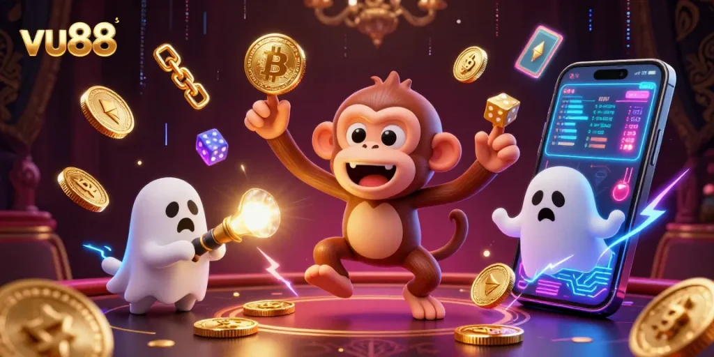 Experience thrilling gaming at vu88 with our haunted casino scene featuring playful characters and glowing crypto coins.