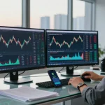 Focused investor analyzing data to buy in BRICS crypto in a modern office setup.