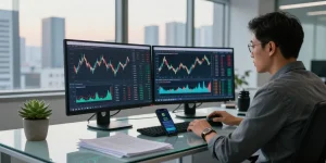 Focused investor analyzing data to buy in BRICS crypto in a modern office setup.