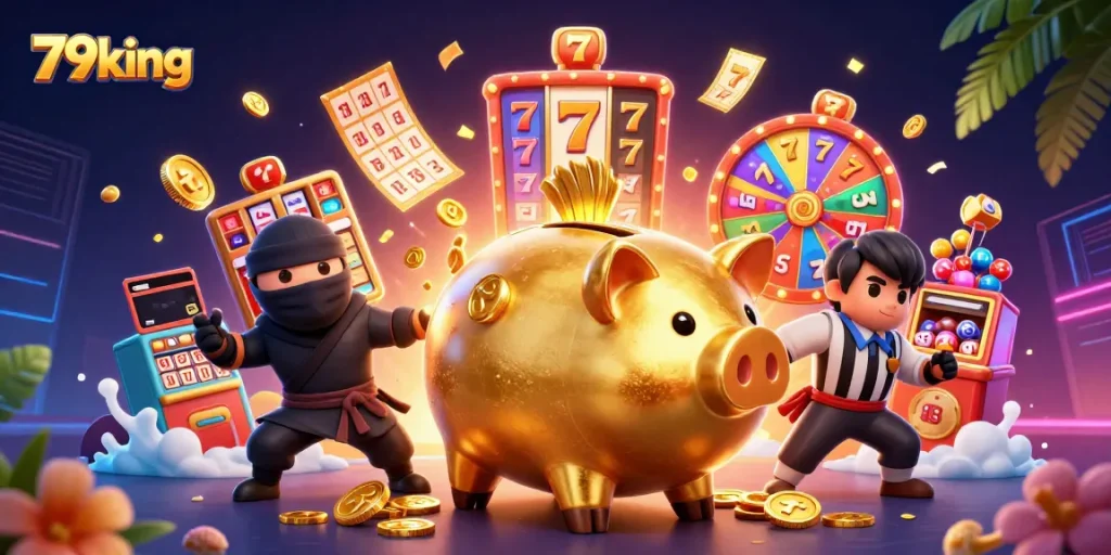79king showcases a vibrant 3D casino scene featuring a golden piggy bank sumo wrestler amidst dynamic gambling elements.