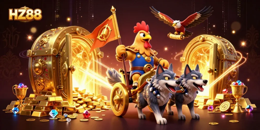 Experience the thrill of HZ88 with this dynamic 3D casino-themed illustration showcasing a rooster warlord amidst treasures.