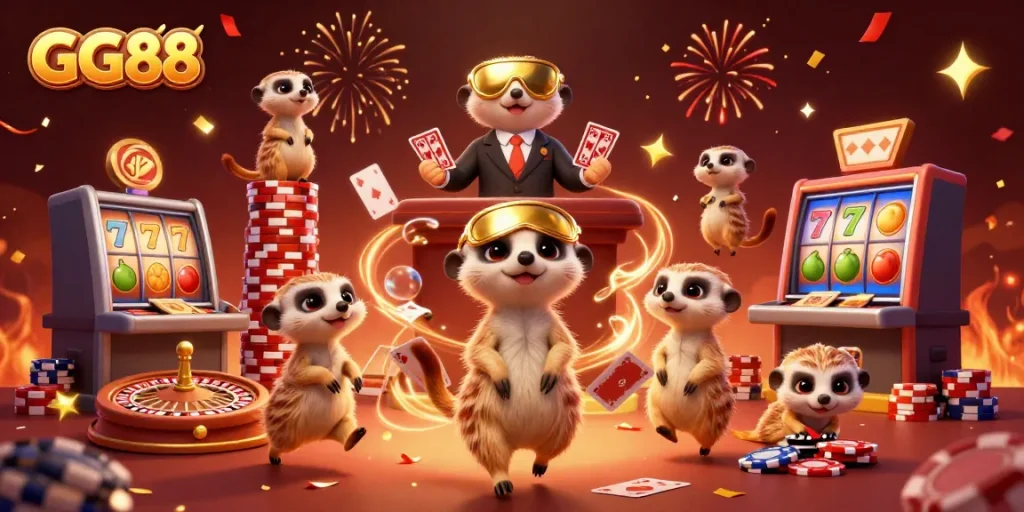 Experience the thrill of GG88's 3D casino, featuring meerkats amidst vibrant gaming elements & jackpot excitement.