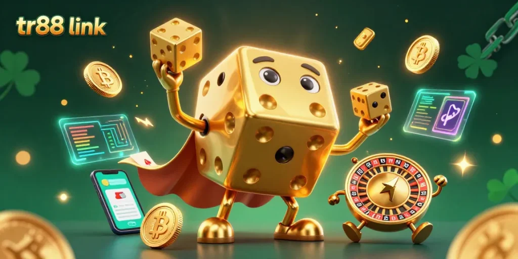 Engage with the excitement of TR88 link featuring a dynamic golden dice golem and digital crypto elements.