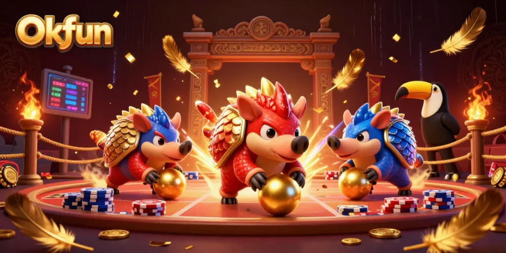 Okfun pangolins compete in a colorful casino showdown while bowling through poker chips.