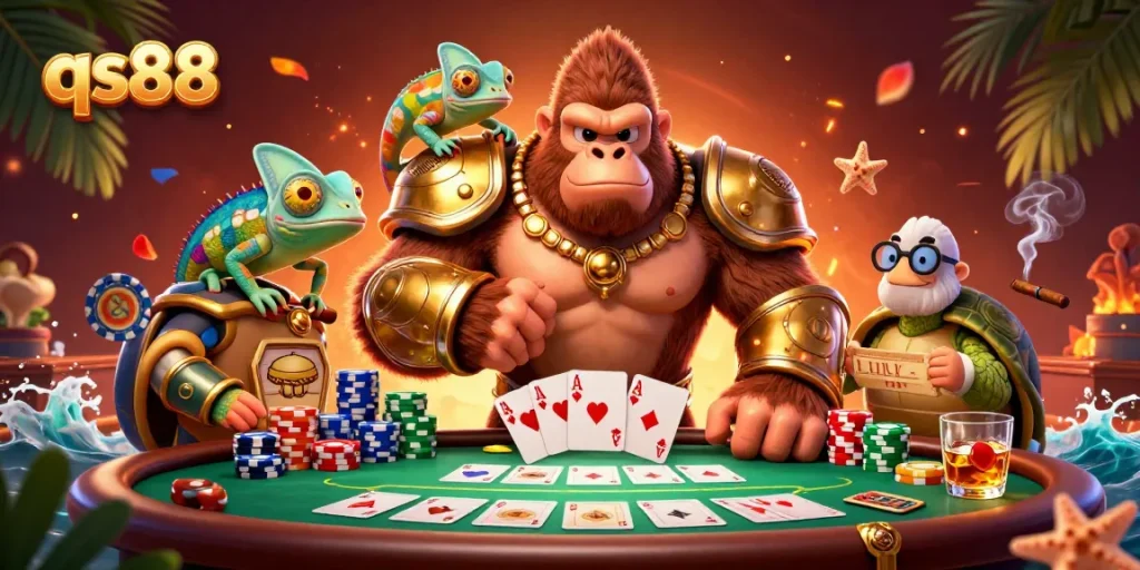 Engage in thrilling gameplay with qs88 at a vibrant poker scene featuring a gorilla king and his companions.