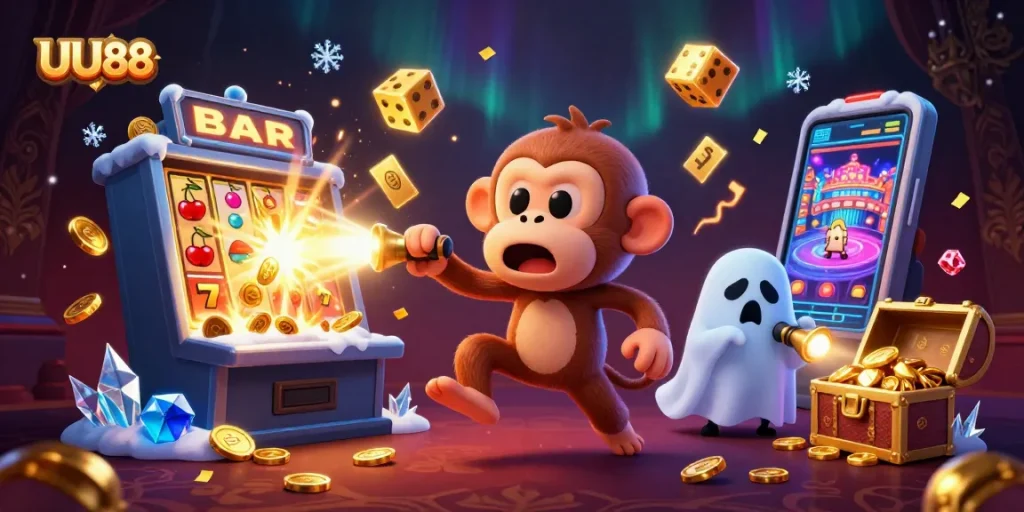 Engage in the thrilling world of UU88, where a mischievous monkey and a ghost-hunter puppy explore a vibrant casino scene.
