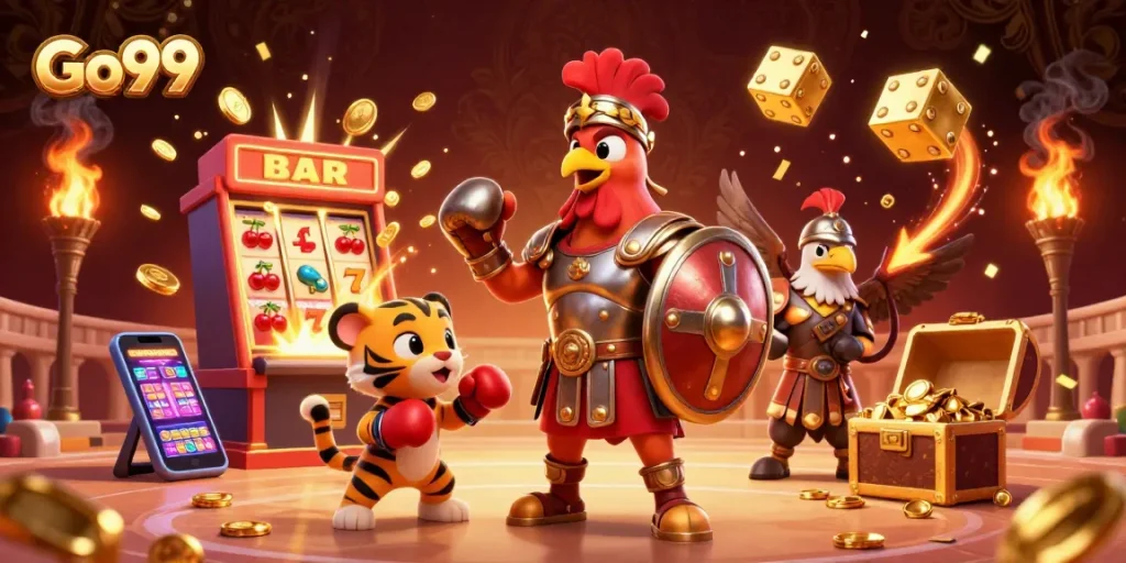 Engage with Go99's dynamic casino action featuring an intricate 3D gladiator scene.