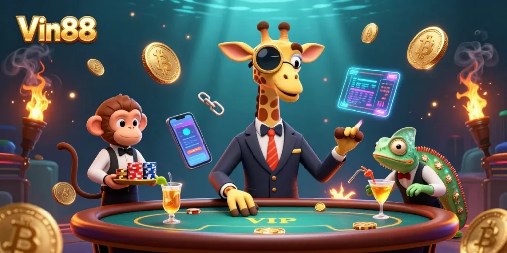 Experience Vin88 with a high-roller giraffe at a thrilling poker table, enhanced by crypto elements.
