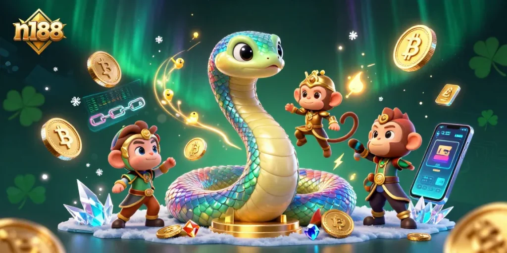 Engage in exciting gameplay with n188 as a rainbow serpent coils around a pillar with vibrant coins and glowing elements.