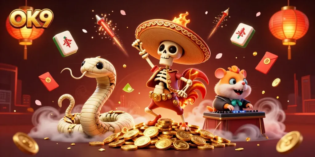 Engage with OK9's exciting gaming world through vibrant illustrations featuring a lively mariachi rooster celebrating victory.