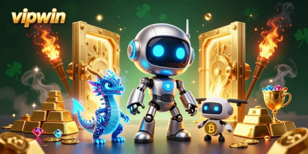 Experience the thrill of vipwin with a vibrant casino scene featuring a futuristic robot and treasures.