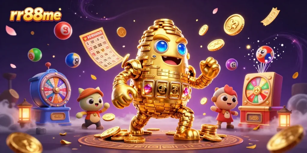 Spin and win big at rr88me with the golden golem and vibrant lottery elements!
