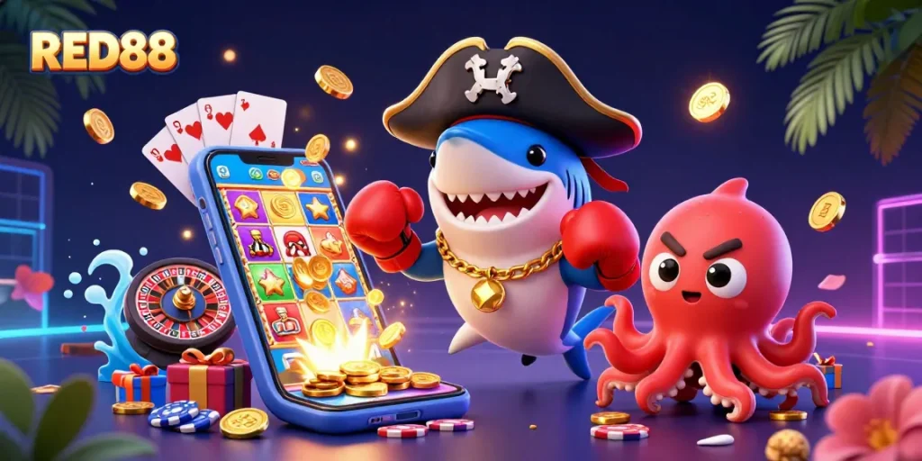 Join the fun at RED88 for thrilling slot games and excitement with colorful characters!