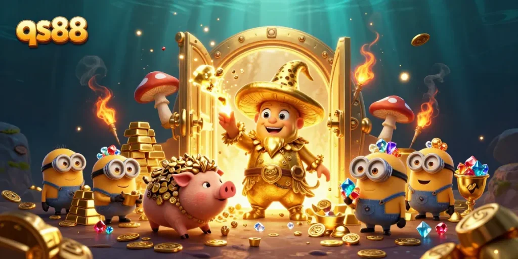 Experience thrilling gameplay with qs88 in this vibrant underwater casino illustration featuring treasure and magic.