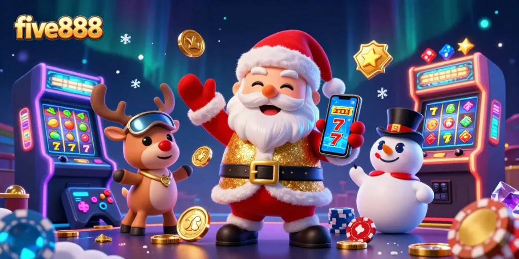 Experience excitement at five888 with a vibrant 3D casino scene featuring characters and slot elements.
