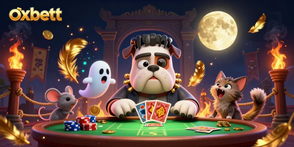 Play at OXBETT's vibrant casino, where a spooky bulldog dealer and a ghostly mouse create a magical atmosphere.
