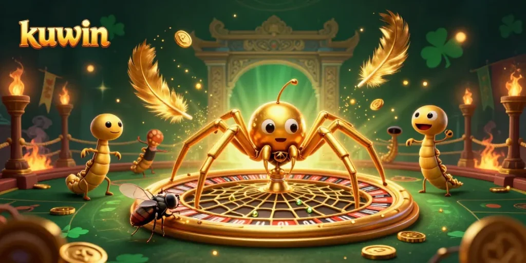 kuwin presents a golden spider spinning a roulette web while a fly places bets at the edge