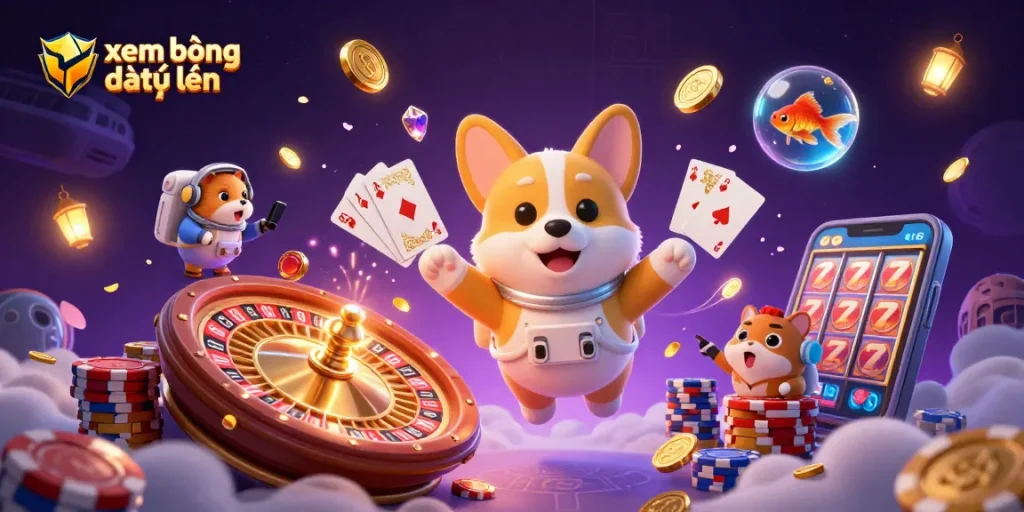 Experience xem bóng đá trực tuyến with a playful astronaut corgi in a vibrant space casino scene.