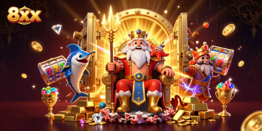 Spin the reels at 8xx casino with Neptune and treasures in vibrant 3D artwork.