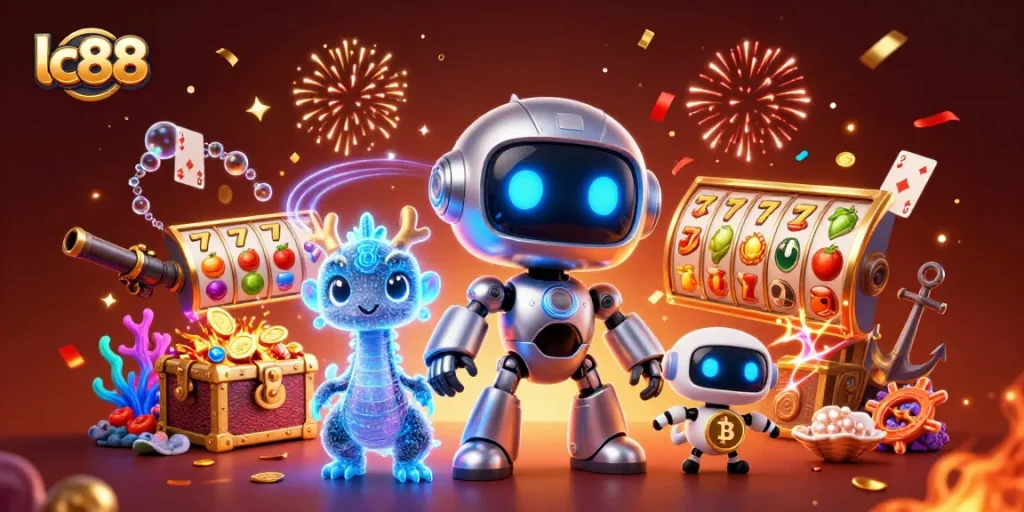 Experience thrilling lc88 slots with a cyberpunk robot mascot and holographic dragon.