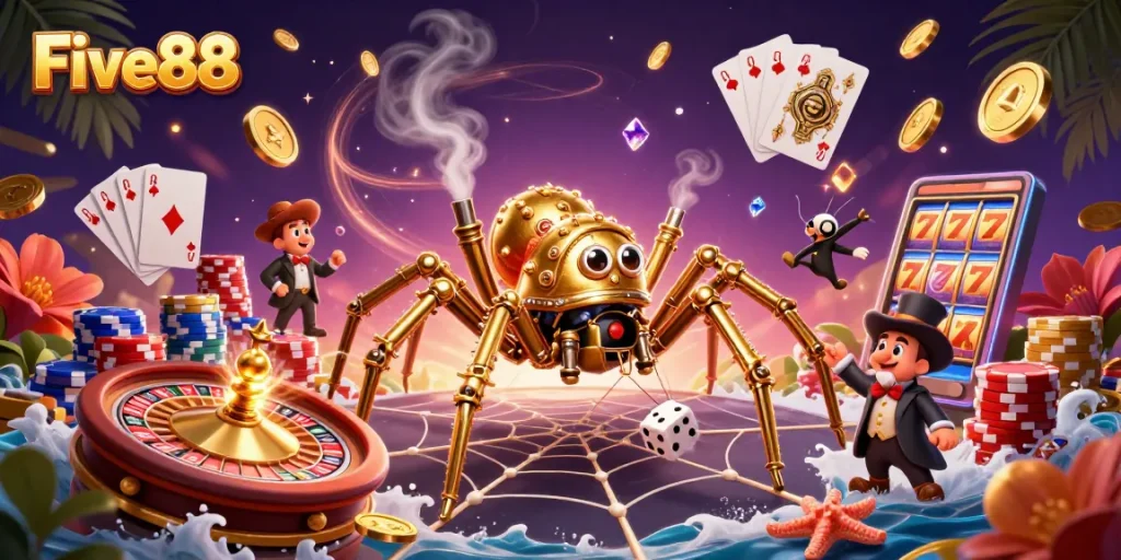 Experience the thrill with Five88's dynamic 3D steampunk casino scene featuring captivating game elements.
