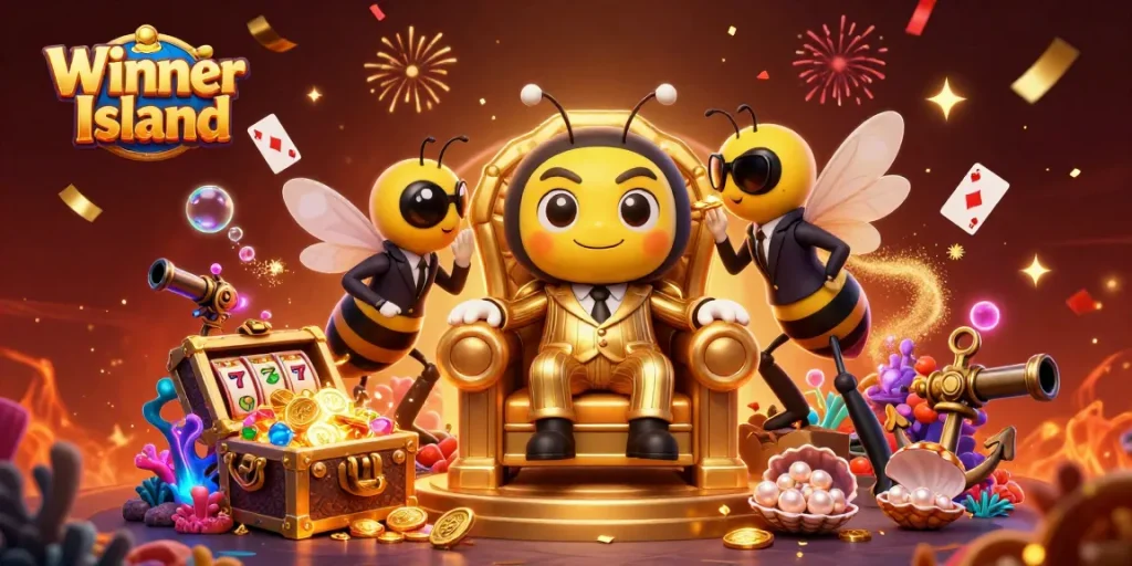 Winner Island casino illustration with a bumblebee mob boss, slot reels, and gold coins creating excitement.