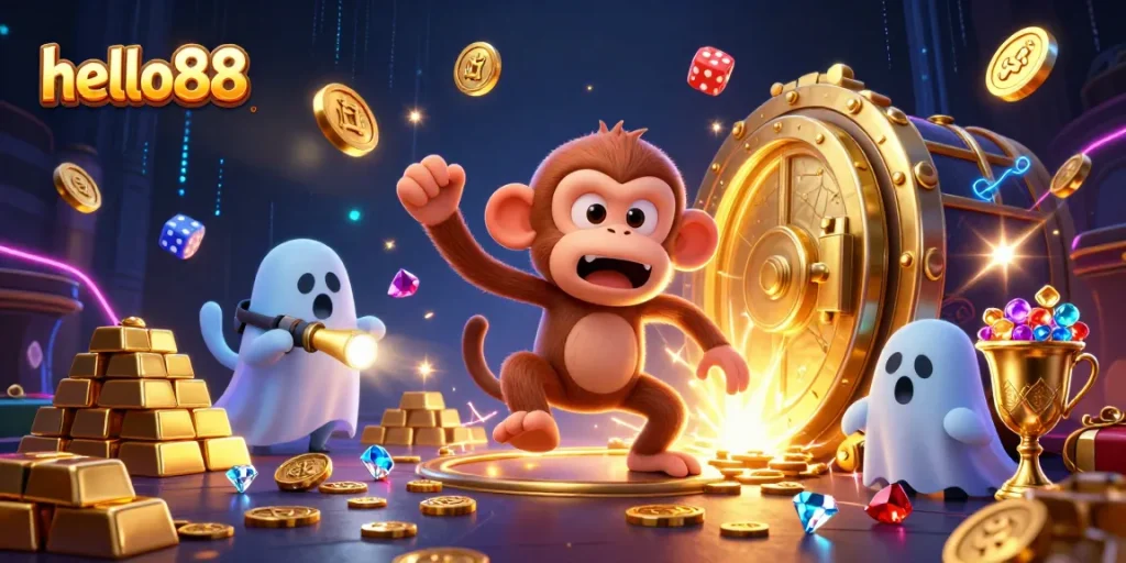 Engage with hello88 and win big in a haunted casino scene featuring a mischievous monkey and a brave puppy.