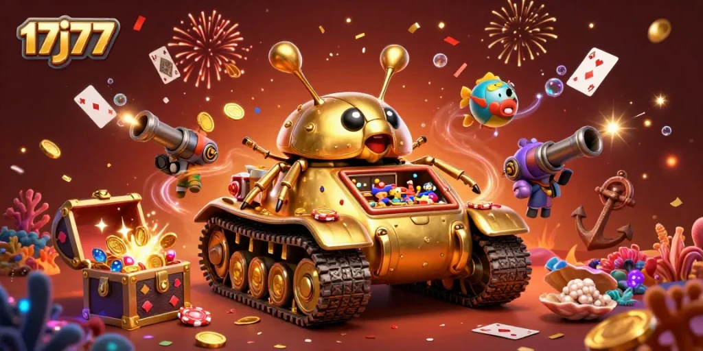 Experience the thrill at 17j77 with a vibrant casino scene inside a golden beetle tank