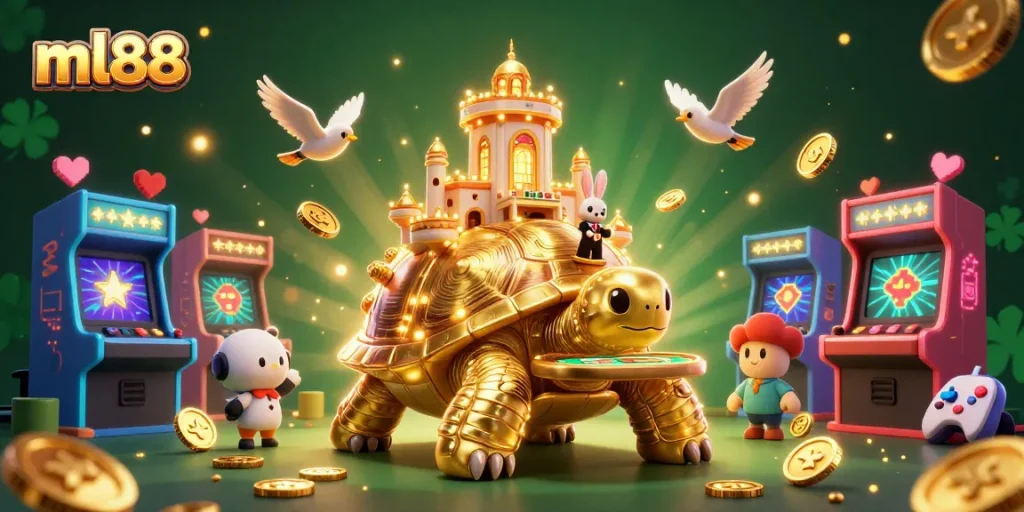 Win big at ml88 with a giant casino tortoise featuring colorful games and golden coins floating around.