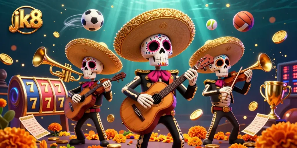 Experience the excitement at jk8 with a festive mariachi band surrounded by vibrant slot machines and casino elements.